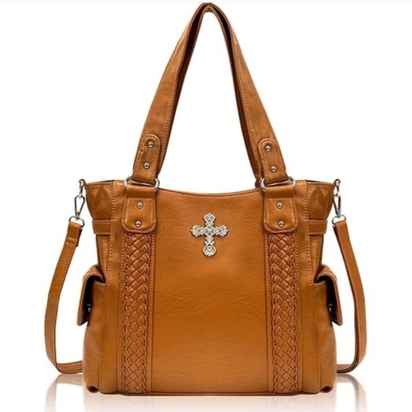 Handbags - Women’s Tan Tote Bag with Decorative Cross